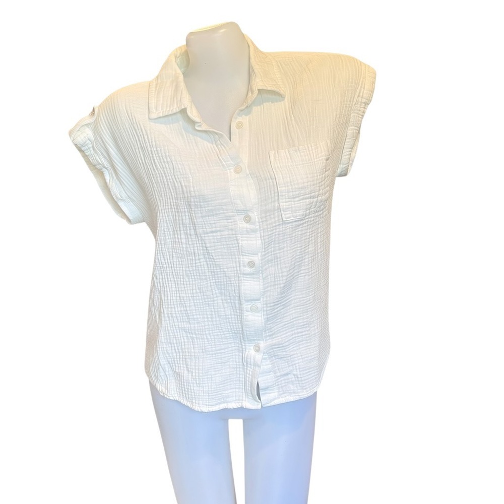Coastal Cream Gauze Button Shirt Olive Oak Short Sleeve Beachy Relaxed Resort S
